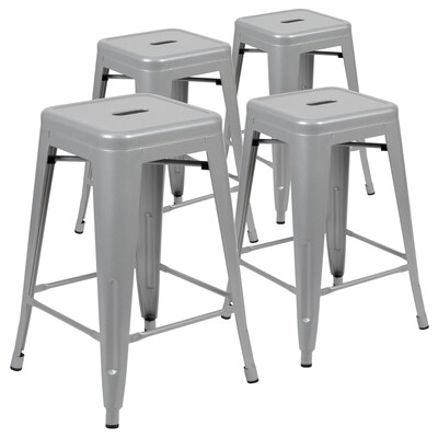 Flash Furniture Cierra Industrial Metal Stackable Counter-Height Bar Stool without Back, Silver, 4-Pieces/Pack (4ET3132024SVR)