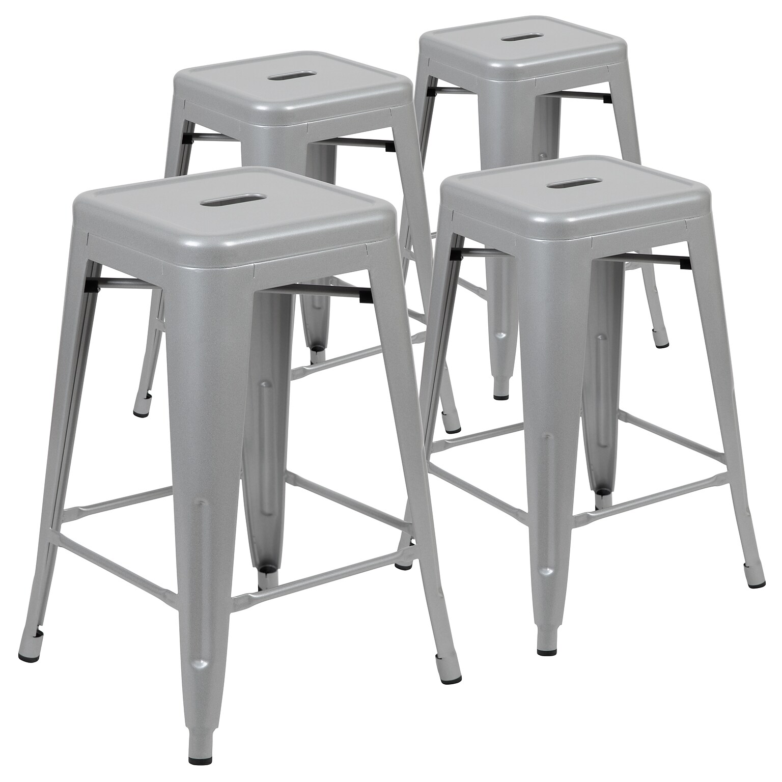 Flash Furniture Cierra Industrial Metal Stackable Counter-Height Bar Stool without Back, Silver, 4-Pieces/Pack (4ET3132024SVR)
