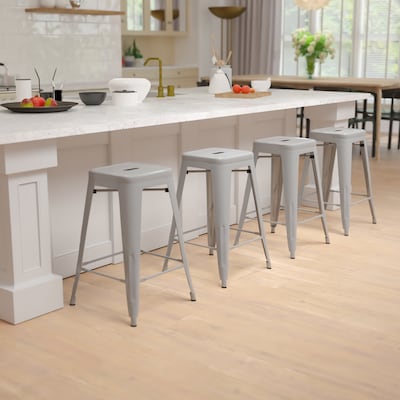 Flash Furniture Cierra Industrial Metal Stackable Counter-Height Bar Stool without Back, Silver, 4-Pieces/Pack (4ET3132024SVR)