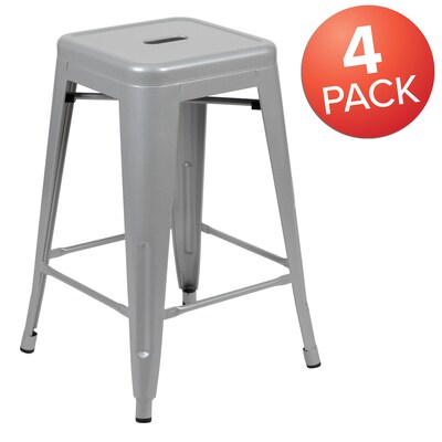 Flash Furniture Cierra Industrial Metal Stackable Counter-Height Bar Stool without Back, Silver, 4-Pieces/Pack (4ET3132024SVR)