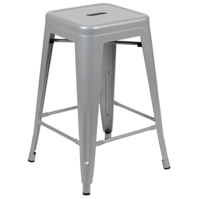 Flash Furniture Cierra Industrial Metal Stackable Counter-Height Bar Stool without Back, Silver, 4-Pieces/Pack (4ET3132024SVR)