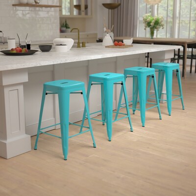 Flash Furniture Cierra Industrial Metal Stackable Counter-Height Bar Stool without Back, Teal, 4-Pieces/Pack (4ET3132024TLR)