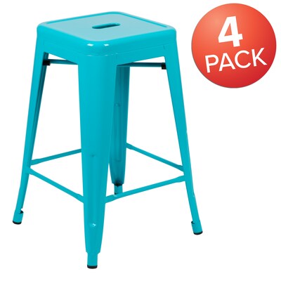 Flash Furniture Cierra Industrial Metal Stackable Counter-Height Bar Stool without Back, Teal, 4-Pieces/Pack (4ET3132024TLR)