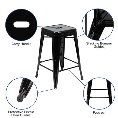 Flash Furniture Cierra Industrial Metal Stackable Counter-Height Bar Stool without Back, Black, 4-Pieces/Pack (4ET3132024BKR)