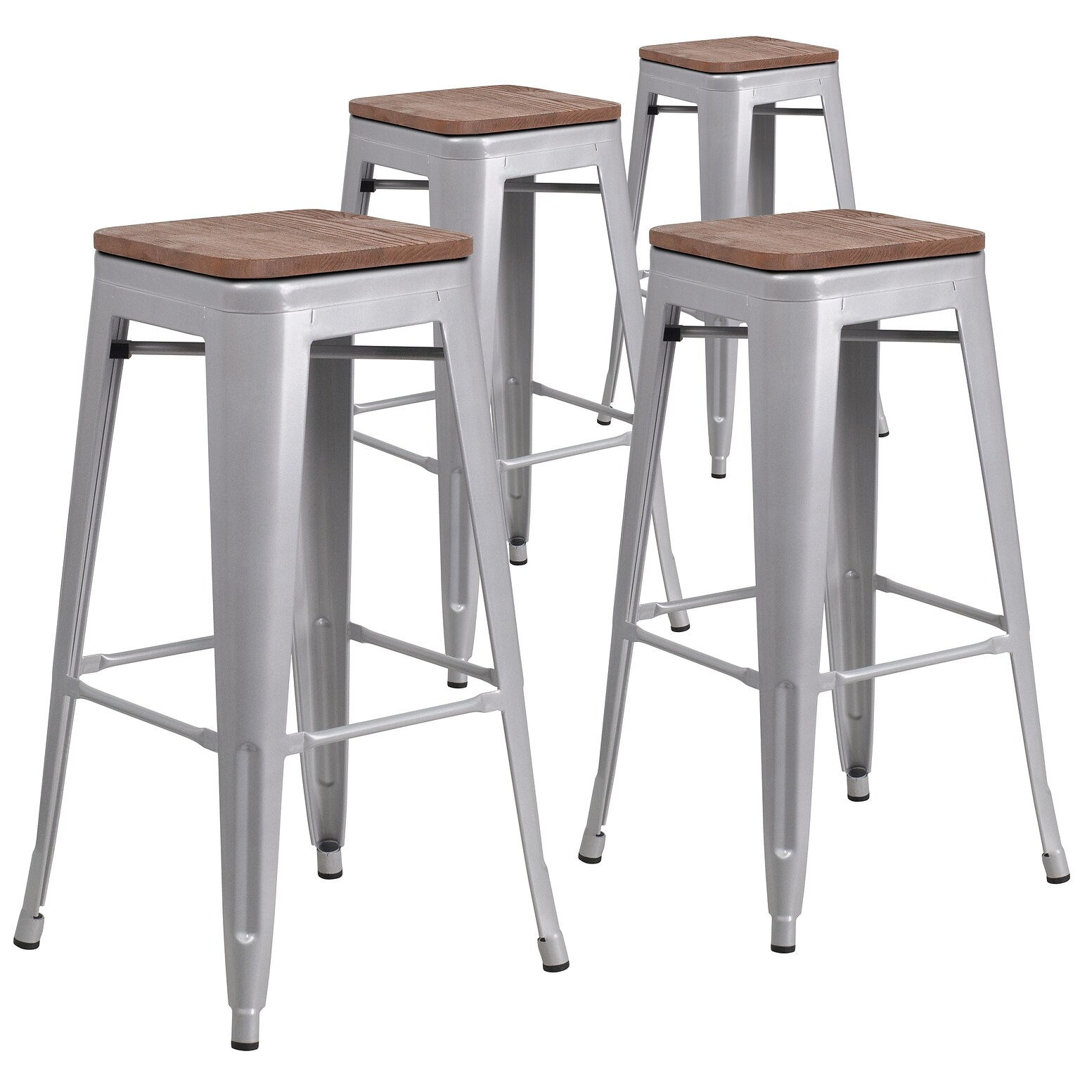 Flash Furniture Lily Industrial Metal Barstool without Back, Silver, 4-Pieces/Pack (4CH3132030SILW)
