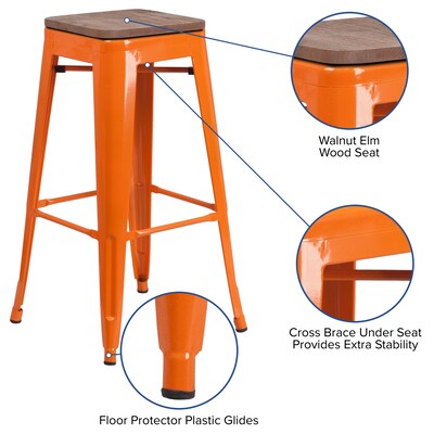 Flash Furniture Lily Industrial Metal Barstool without Back, Orange, 4-Pieces/Pack (4CH3132030ORW)