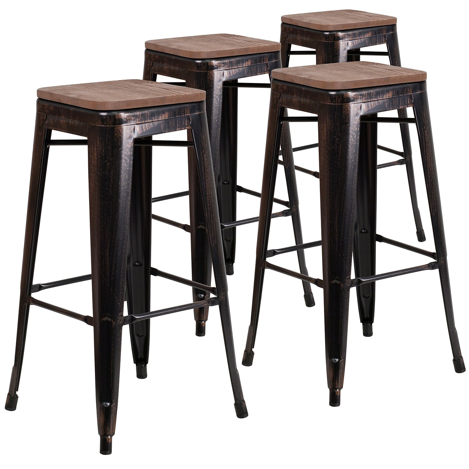 Flash Furniture Lily Industrial Metal Barstool without Back, Black-Antique Gold, 4-Pieces/Pack (4CH3132030BQW)