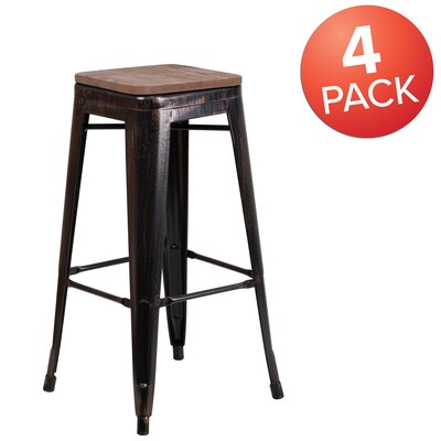 Flash Furniture Lily Industrial Metal Barstool without Back, Black-Antique Gold, 4-Pieces/Pack (4CH3132030BQW)