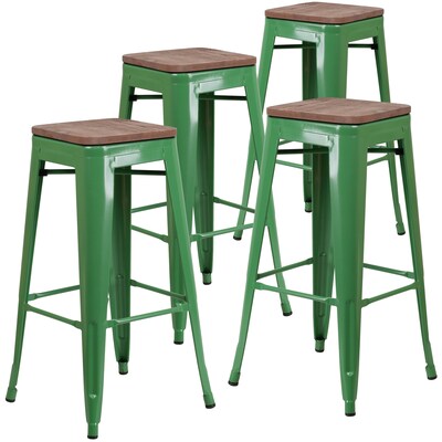 Flash Furniture Lily Industrial Metal Barstool without Back, Green, 4-Pieces/Pack (4CH3132030GNW)