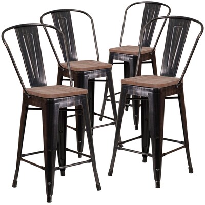 Flash Furniture Lily Contemporary Metal Vertical Back Counter Height Stool, Black-Antique Gold, 4-Pieces/Pack (4CH3132024GBBQW)
