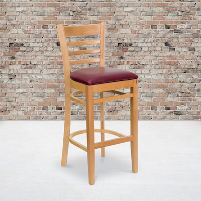 Flash Furniture HERCULES Traditional Wood Ladder Back Restaurant Barstool, Natural/Burgundy, 2-Pieces/Pack (2XUW05BLADNTBRV)
