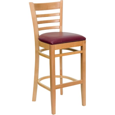 Flash Furniture HERCULES Traditional Wood Ladder Back Restaurant Barstool, Natural/Burgundy, 2-Pieces/Pack (2XUW05BLADNTBRV)