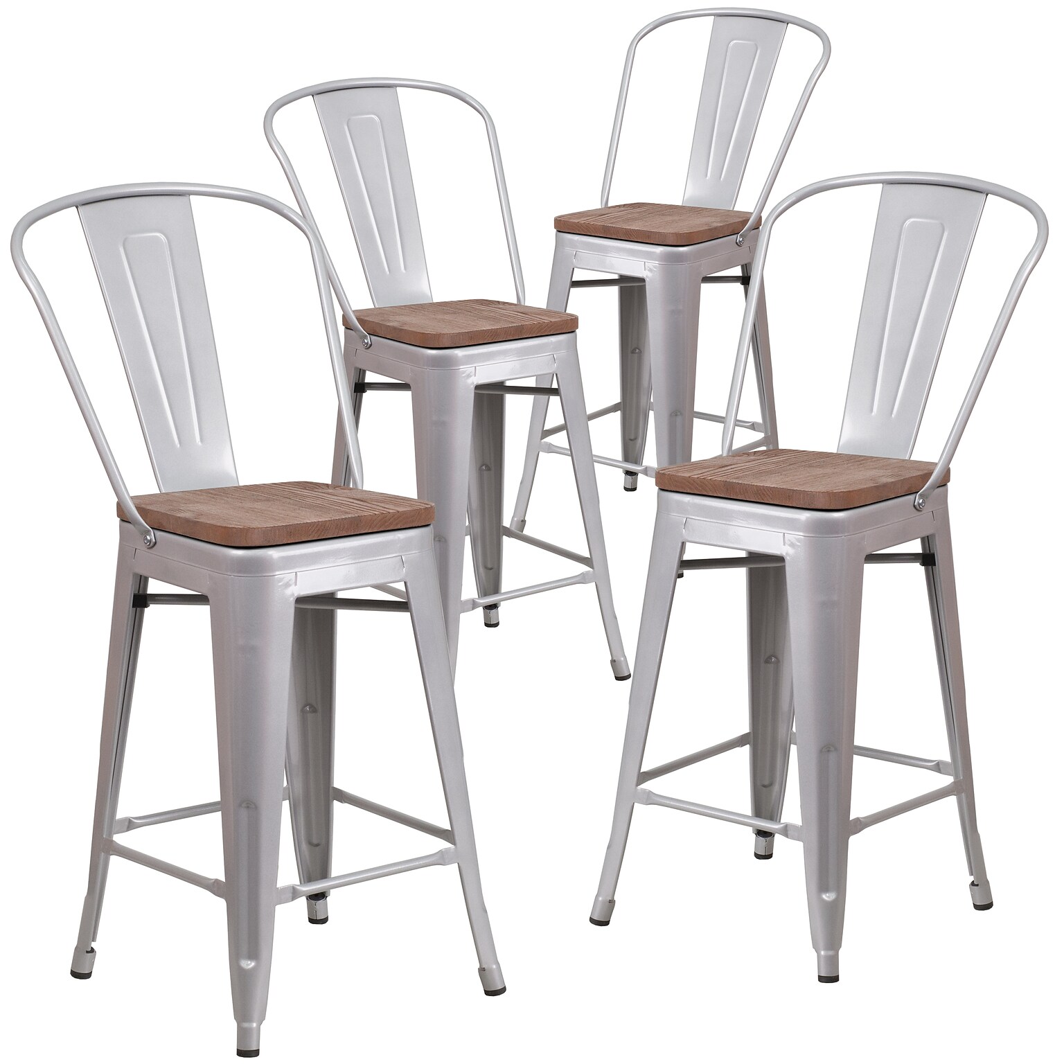 Flash Furniture Lily Contemporary Metal Vertical Back Counter Height Stool, Silver, 4-Pieces/Pack (4CH3132024GBSLW)