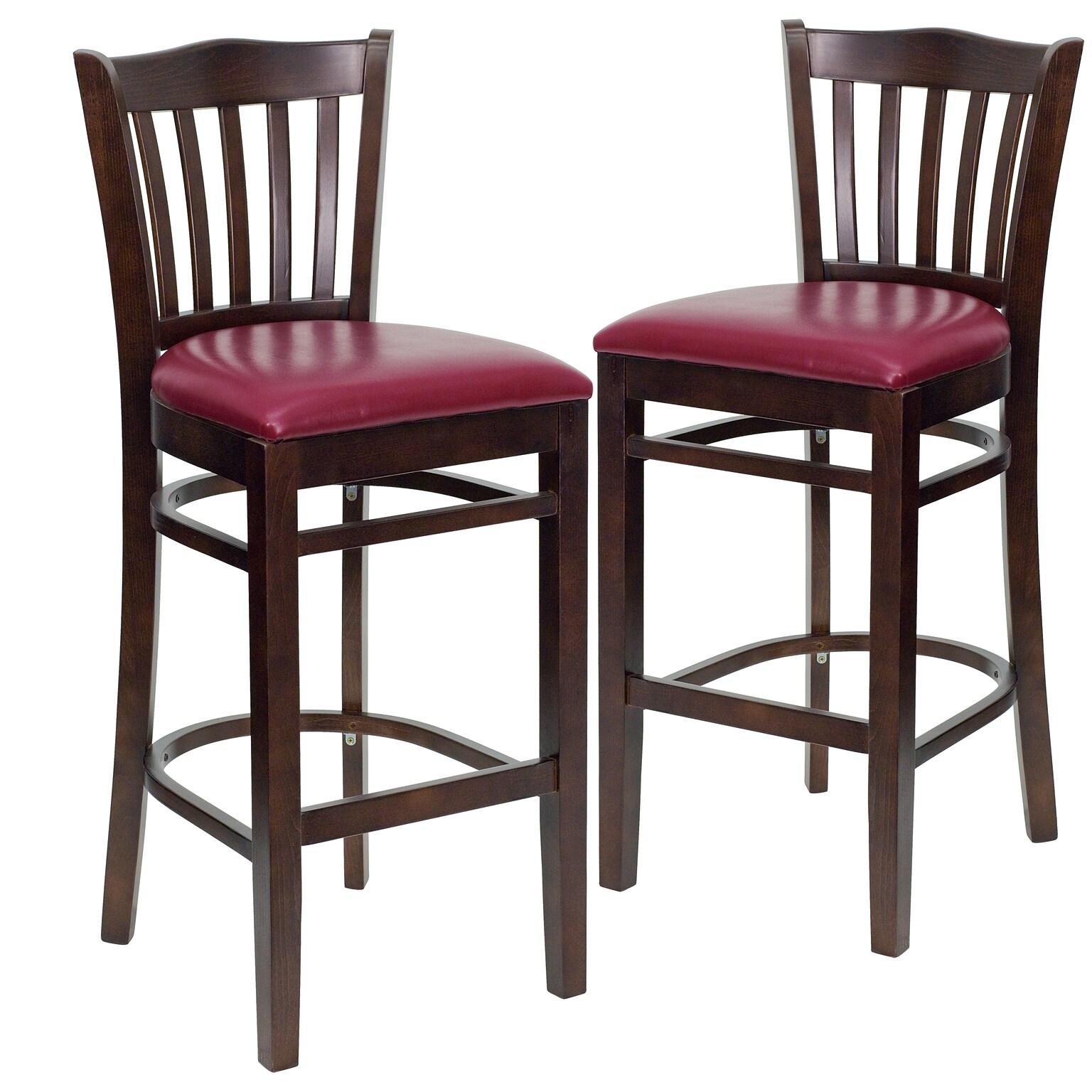 Flash Furniture HERCULES Traditional Wood Vertical Slat Back Barstool, Walnut/Burgundy, 2-Pieces/Pack (2XUW08BVRTWABGV)