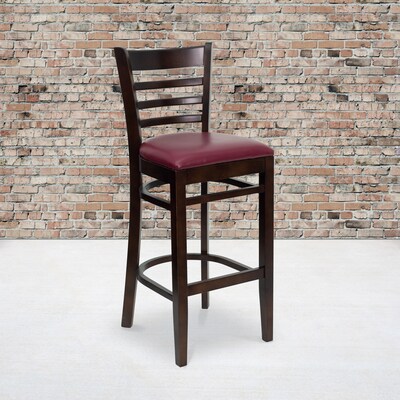 Flash Furniture HERCULES Traditional Wood Ladder Back Restaurant Barstool, Walnut/Burgundy, 2-Pieces/Pack (2XUW05BLADWABRV)