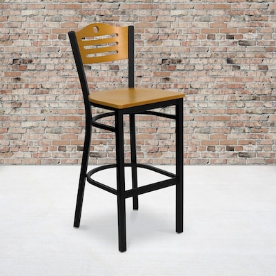 Flash Furniture HERCULES Traditional Metal Slat Back Restaurant Barstool, Black/Natural Wood, 2-Pieces/Pack (2XU6H3BSLTBRNAW)