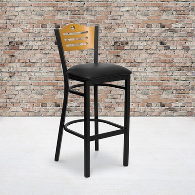 Flash Furniture HERCULES Traditional Metal Slat Back Restaurant Barstool, Black/Natural Wood, 2-Pieces/Pack (2XU6H3BSLTBBKV)