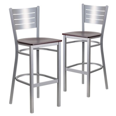 Flash Furniture HERCULES Series Traditional Metal Slat Back Restaurant Barstool, Silver/Mahogany, 2-Pieces/Pack (2XUDG60402BMAW)