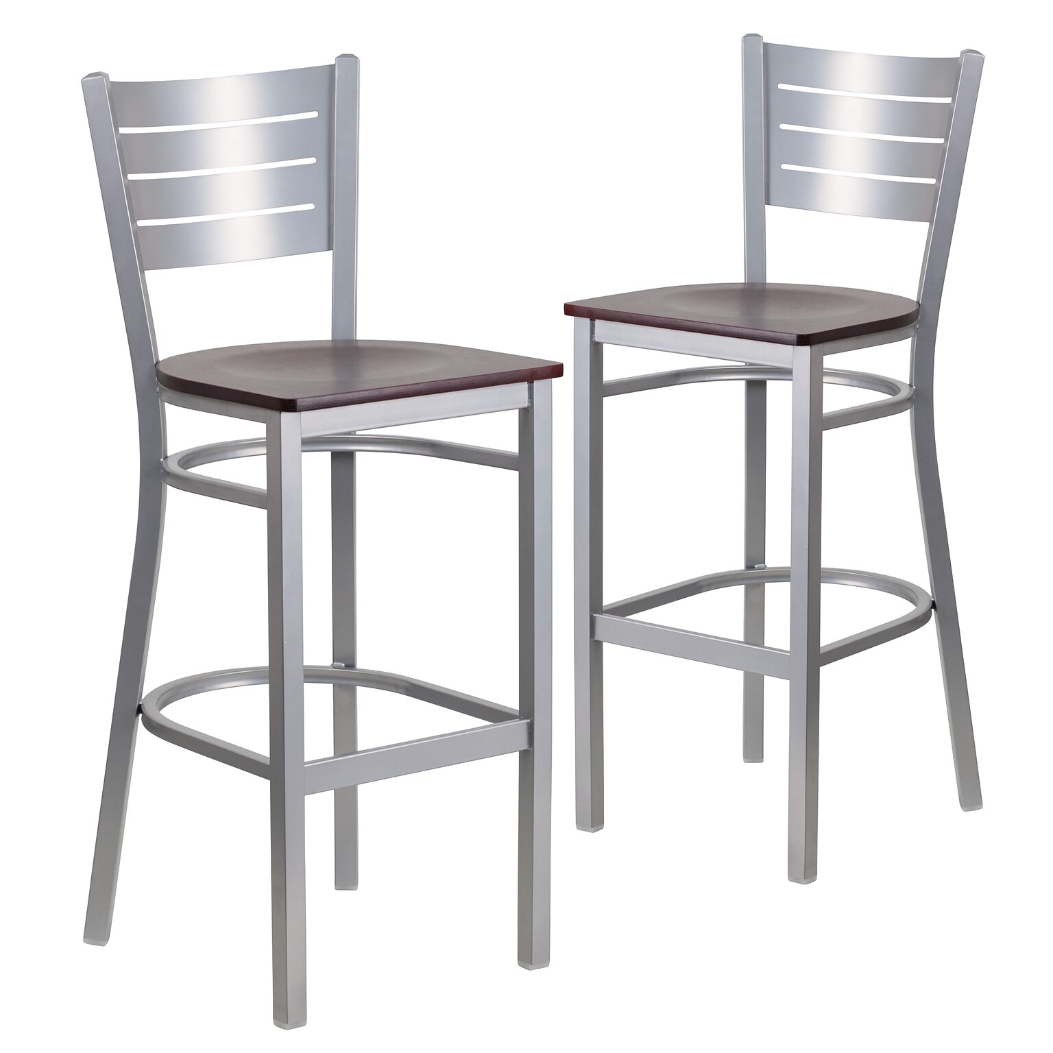Flash Furniture HERCULES Series Traditional Metal Slat Back Restaurant Barstool, Silver/Mahogany, 2-Pieces/Pack (2XUDG60402BMAW)
