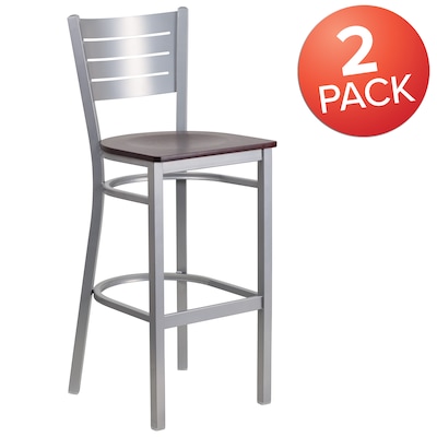 Flash Furniture HERCULES Series Traditional Metal Slat Back Restaurant Barstool, Silver/Mahogany, 2-Pieces/Pack (2XUDG60402BMAW)