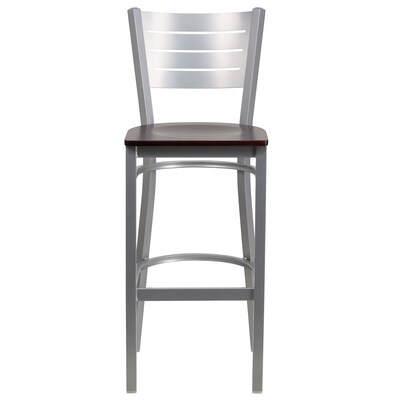 Flash Furniture HERCULES Series Traditional Metal Slat Back Restaurant Barstool, Silver/Mahogany, 2-Pieces/Pack (2XUDG60402BMAW)