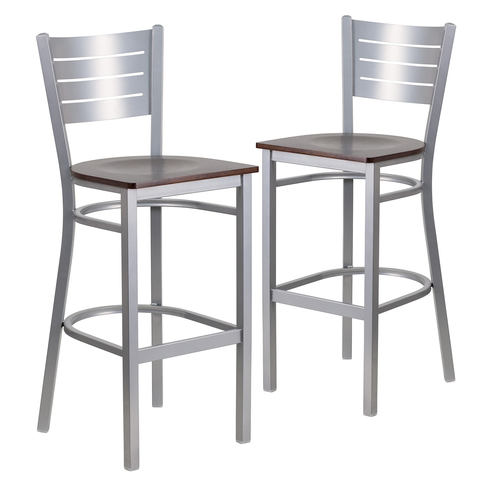 Flash Furniture HERCULES Series Traditional Metal Slat Back Restaurant Barstool, Silver/Walnut, 2-Pieces/Pack (2XUDG60402BWAW)