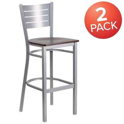 Flash Furniture HERCULES Series Traditional Metal Slat Back Restaurant Barstool, Silver/Walnut, 2-Pieces/Pack (2XUDG60402BWAW)