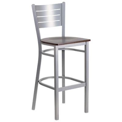 Flash Furniture HERCULES Series Traditional Metal Slat Back Restaurant Barstool, Silver/Walnut, 2-Pieces/Pack (2XUDG60402BWAW)