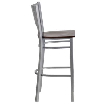 Flash Furniture HERCULES Series Traditional Metal Slat Back Restaurant Barstool, Silver/Walnut, 2-Pieces/Pack (2XUDG60402BWAW)