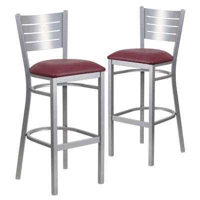 Flash Furniture HERCULES Series Traditional Metal Slat Back Restaurant Barstool, Silver/Burgundy, 2-Pieces/Pack (2XUDG60402BBGV)