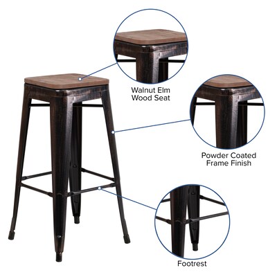 Flash Furniture Lily Industrial Metal Barstool without Back, Black-Antique Gold (CH3132030BQW)