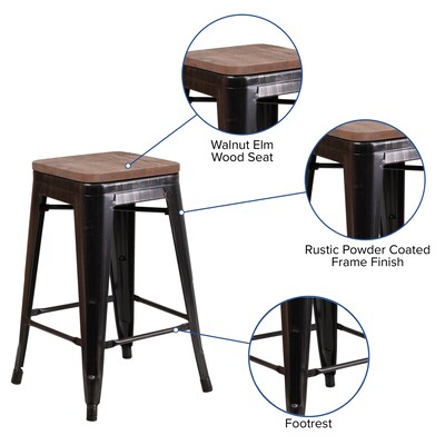 Flash Furniture Lily Industrial Metal Counter Height Stool without Back, Black-Antique Gold (CH3132024BQW)