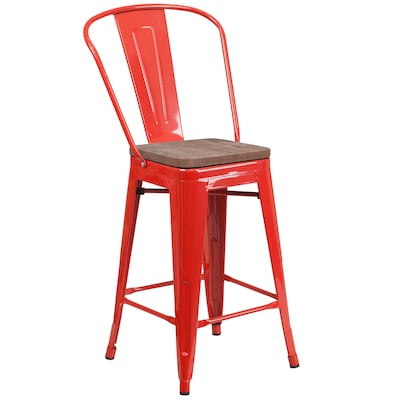 Flash Furniture Lily Contemporary Metal Vertical Back Counter Height Stool, Red (CH3132024GBREDW)