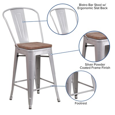 Flash Furniture Lily Contemporary Metal Vertical Back Counter Height Stool, Silver (CH3132024GBSILW)