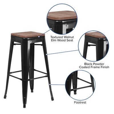 Flash Furniture Lily Industrial Metal Barstool without Back, Black, 4-Pieces/Pack (4CH3132030BKW)