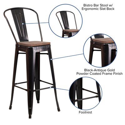 Flash Furniture Lily Contemporary Metal Vertical Back Barstool, Black-Antique Gold, 4-Pieces/Pack (4CH3132030GBBQW)