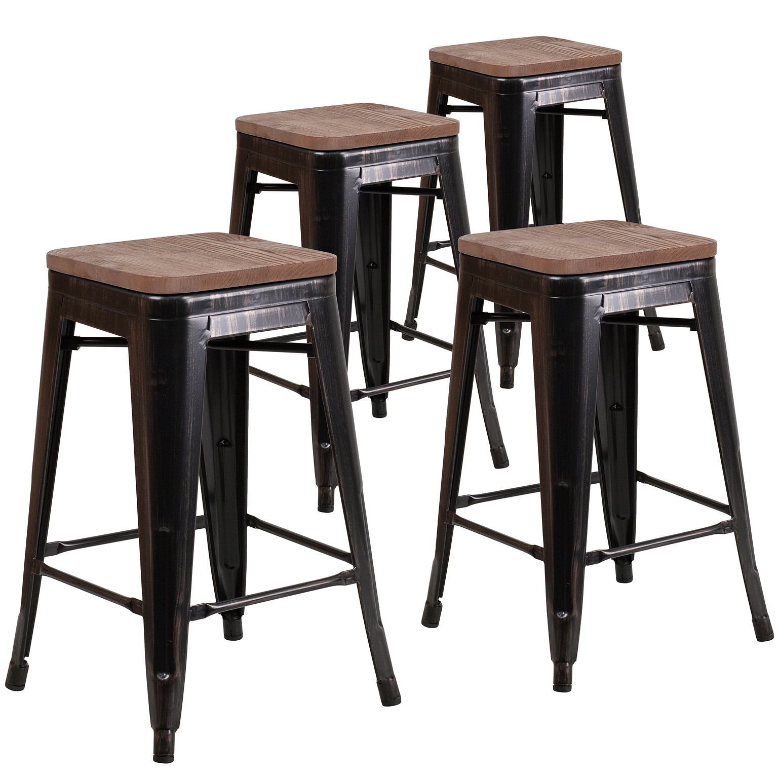Flash Furniture Lily Industrial Metal Counter Height Stool without Back, Black-Antique Gold, 4-Pieces/Pack (4CH3132024BQW)