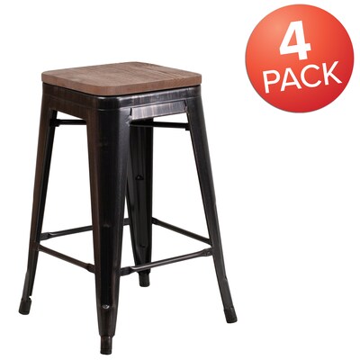 Flash Furniture Lily Industrial Metal Counter Height Stool without Back, Black-Antique Gold, 4-Pieces/Pack (4CH3132024BQW)