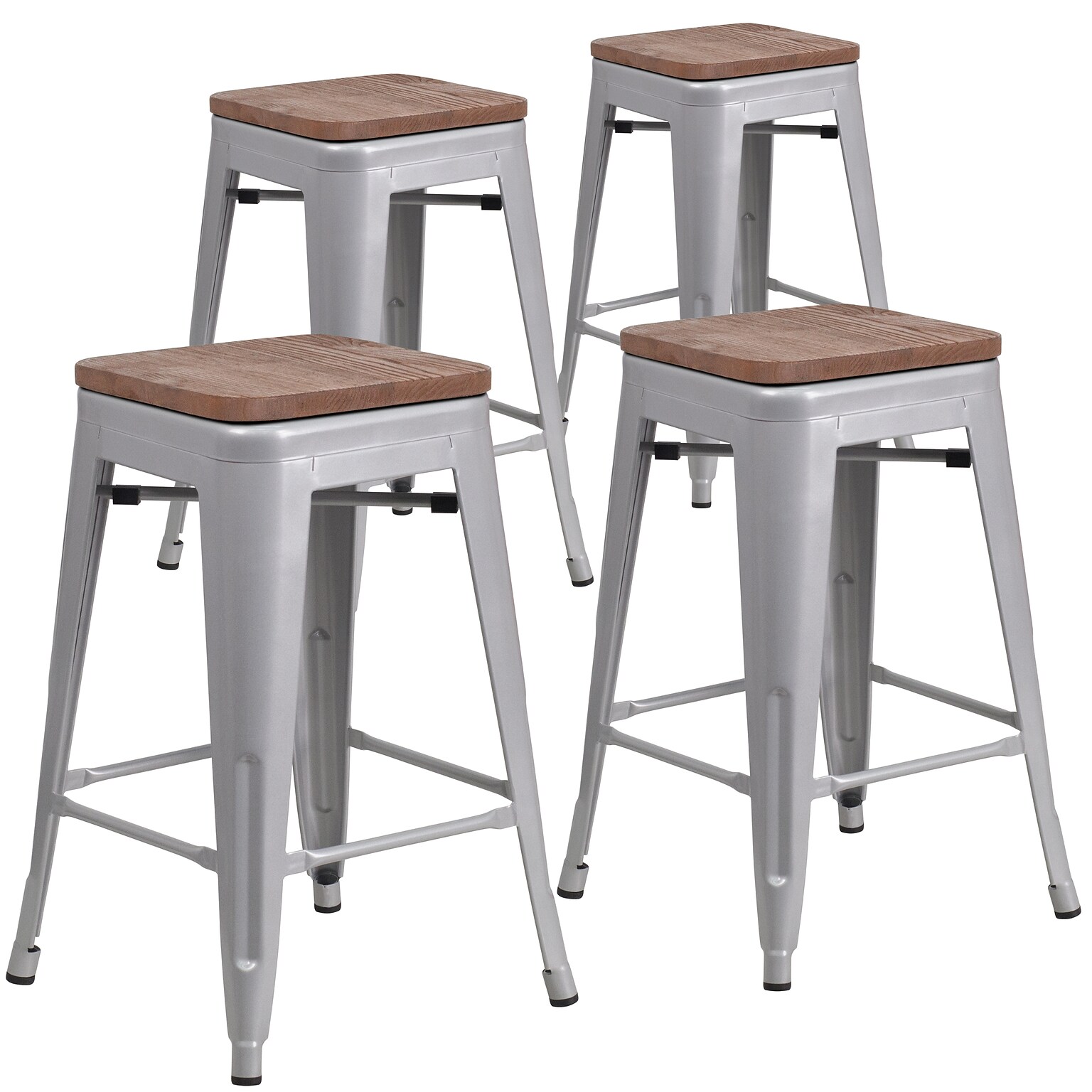 Flash Furniture Lily Industrial Metal Counter Height Stool without Back, Silver, 4-Pieces/Pack (4CH3132024SILW)
