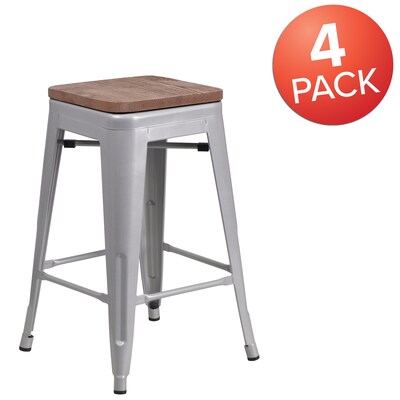 Flash Furniture Lily Industrial Metal Counter Height Stool without Back, Silver, 4-Pieces/Pack (4CH3132024SILW)