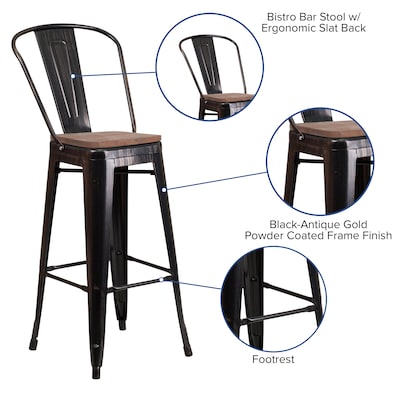 Flash Furniture Lily Contemporary Metal Vertical Back Barstool, Black-Antique Gold (CH3132030GBBQW)