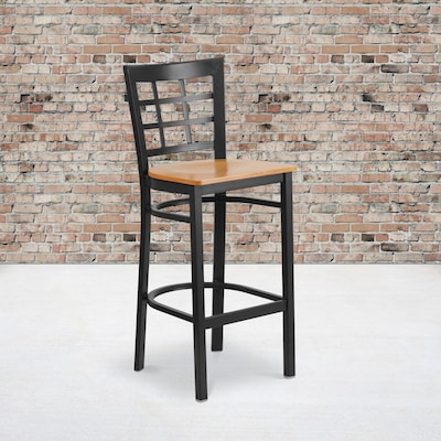 Flash Furniture HERCULES Traditional Metal Window Back Restaurant Barstool, Black/Natural Wood, 2-Pieces/Pack (2XU6R7BWINBARNW)