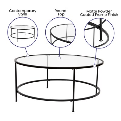 Flash Furniture Astoria Collection 35.25" x 35.25" Living Room Coffee Table, Clear/Matte Black (NANJN21750CTBK)