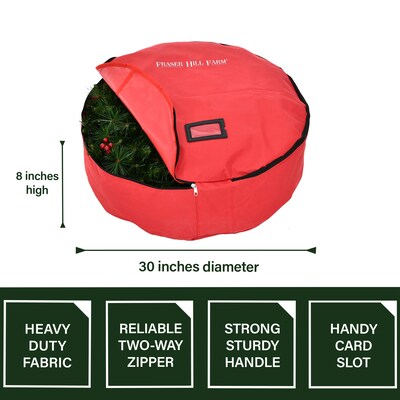 Fraser Hill Farm Holiday 30" Heavy-Duty Storage Bag for Medium Christmas Wreaths and Garlands, Red (FFSBWR030-RD)