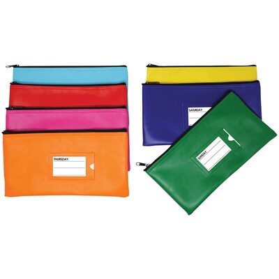 Nadex Coins Vinyl 7-Day Pack of Zippered Bank Deposit Cash and Coin Bags with Card Window, Neon colors (NDS9-1222)