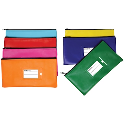 Nadex Coins Vinyl 7-Day Pack of Zippered Bank Deposit Cash and Coin Bags with Card Window, Neon colo