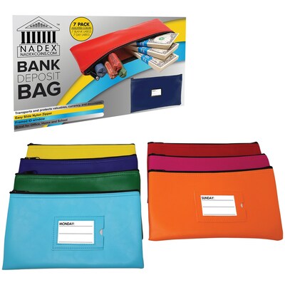 Nadex Coins Vinyl 7-Day Pack of Zippered Bank Deposit Cash and Coin Bags with Card Window, Neon colo