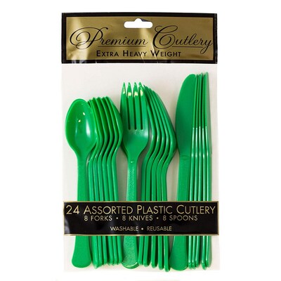 JAM PAPER Premium Extra Heavy Weight Cutlery , Assorted Utensils Set, Green, 24 Disposable Utensils/