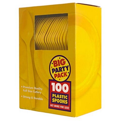 JAM PAPER Big Party Pack of Premium Plastic Spoons, Yellow, 100 Disposable Spoons/Box