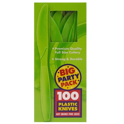 JAM PAPER Big Party Pack of Premium Plastic Knives, Lime Green, 100 Disposable Knives/Box